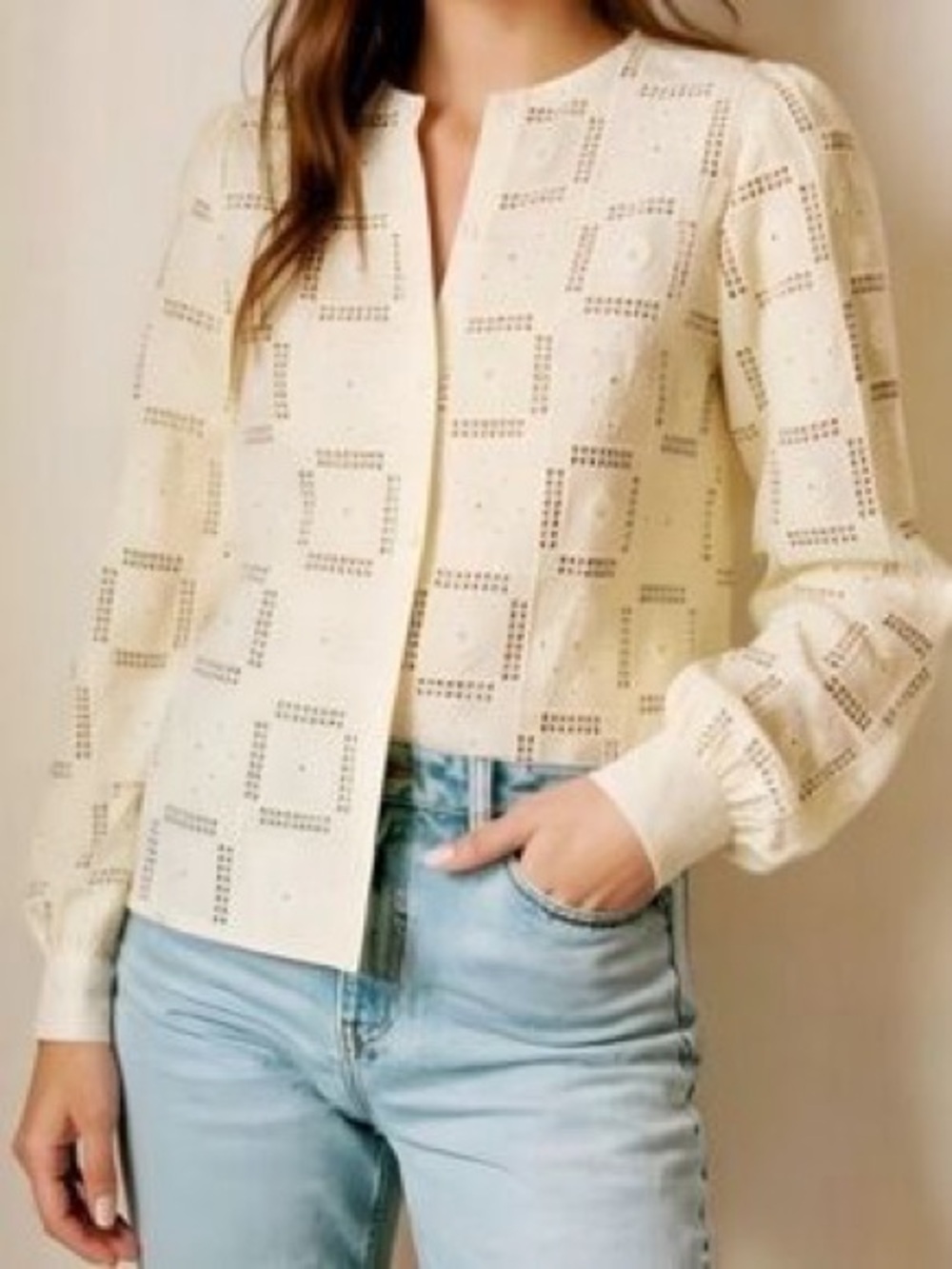 Sezane Amerie Shirt Ecru Eyelet Button-Front Blouse - Picture 3 of 5